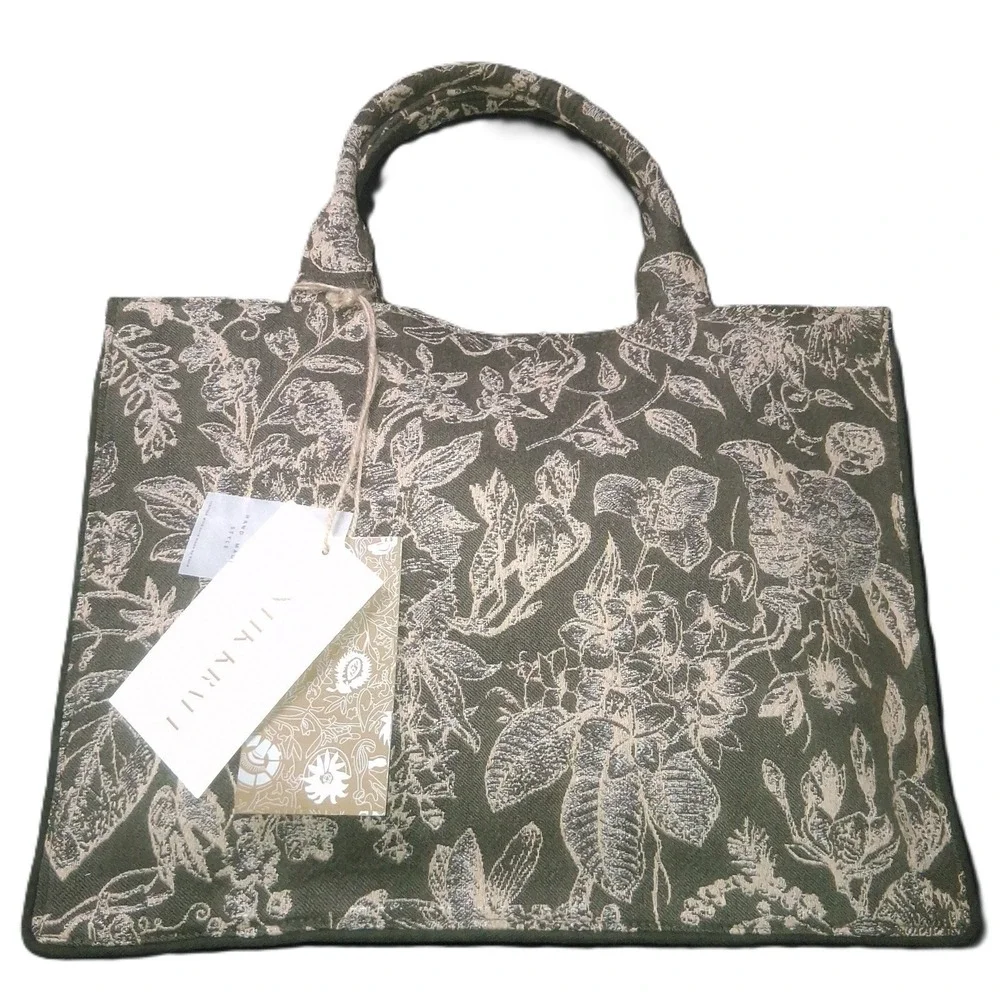 antik kraft isabella's blossom floral jacquard book tote olive green 11x15x6.5